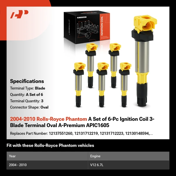 2004-2010 Rolls-Royce Phantom A Set of 6-Pc Ignition Coil 3-Blade Terminal Oval A-Premium APIC1605