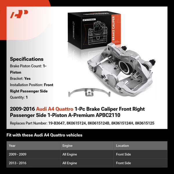2009-2016 Audi A4 Quattro 1-Pc Brake Caliper Front Right Passenger Side 1-Piston A-Premium APBC2110