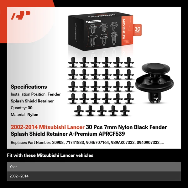 2002-2014 Mitsubishi Lancer 30 Pcs 7mm Nylon Black Fender Splash Shield Retainer A-Premium APRCF539