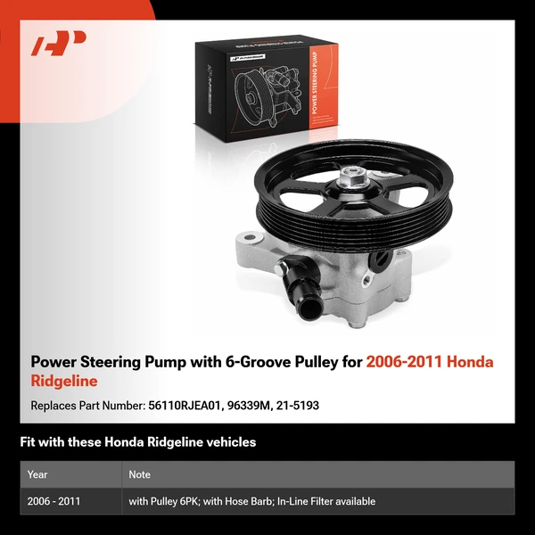 Power Steering Pump with 6-Groove Pulley for 2006-2011 Honda Ridgeline