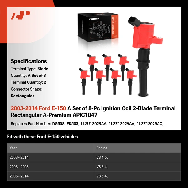 2003-2014 Ford E-150 A Set of 8-Pc Ignition Coil 2-Blade Terminal Rectangular A-Premium APIC1047