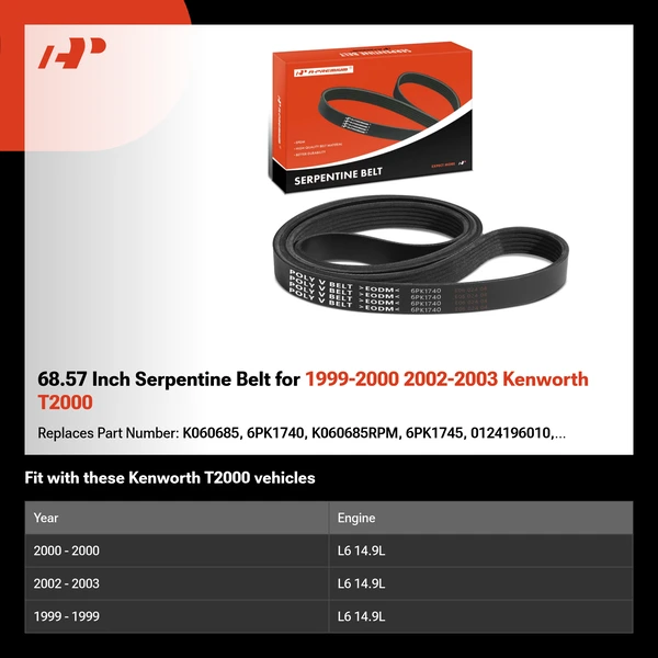 68.57 Inch Serpentine Belt for 1999-2000 2002-2003 Kenworth T2000