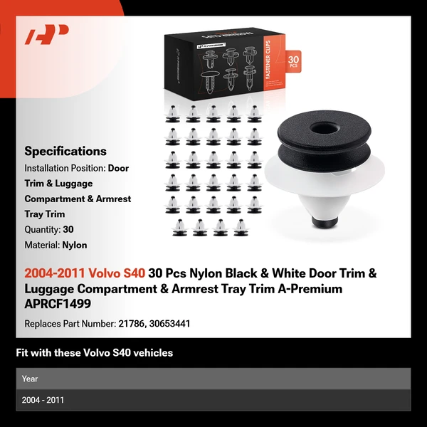 2004-2011 Volvo S40 30 Pcs Nylon Black & White Door Trim & Luggage Compartment & Armrest Tray Trim A-Premium APRCF1499
