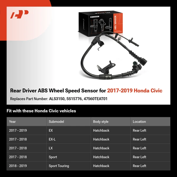 Rear Driver ABS Wheel Speed Sensor for 2017-2019 Honda Civic