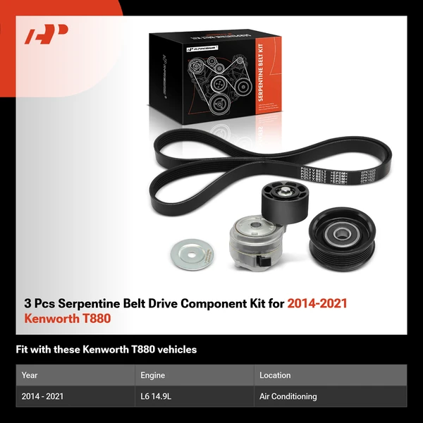 3 Pcs Serpentine Belt Drive Component Kit for 2014-2021 Kenworth T880