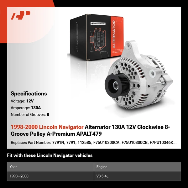 1998-2000 Lincoln Navigator Alternator 130A 12V Clockwise 8-Groove Pulley A-Premium APALT479