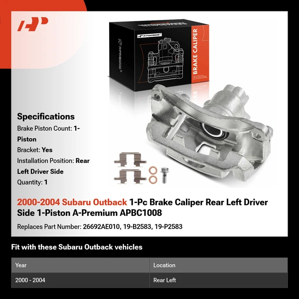 2000-2004 Subaru Outback 1-Pc Brake Caliper Rear Left Driver Side 1-Piston A-Premium APBC1008