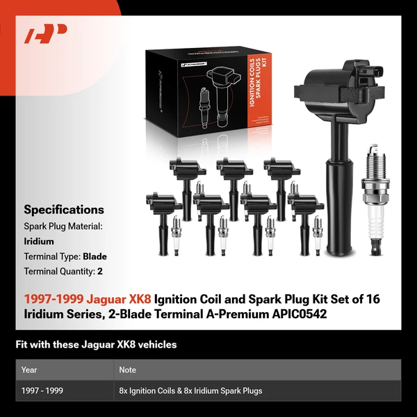 1997-1999 Jaguar XK8 Ignition Coil and Spark Plug Kit Set of 16 Iridium Series, 2-Blade Terminal A-Premium APIC0542