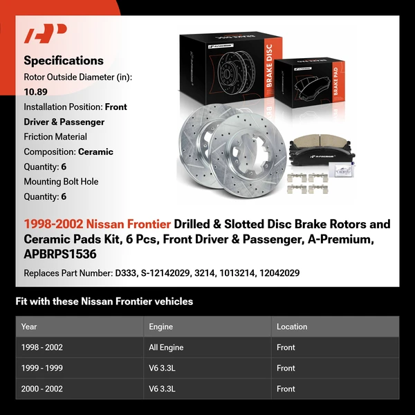 1998-2002 Nissan Frontier Drilled & Slotted Disc Brake Rotors and Ceramic Pads Kit, 6 Pcs, Front Driver & Passenger, A-Premium, APBRPS1536