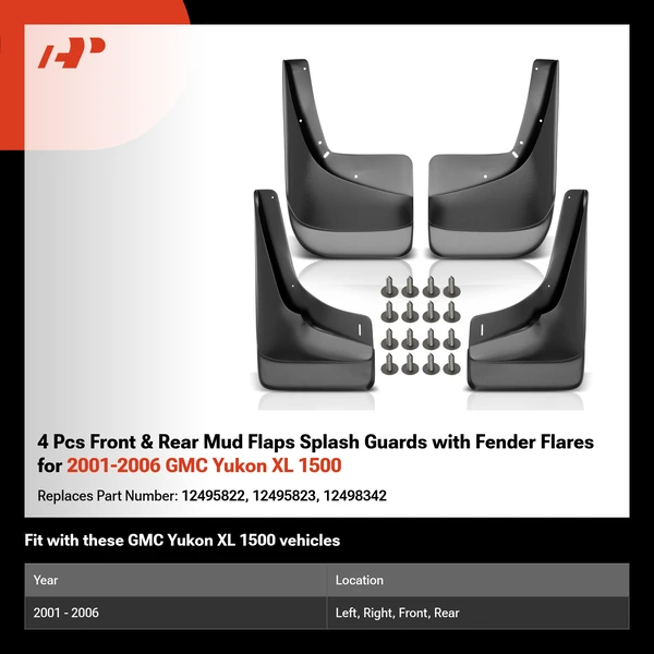 4 Pcs Front & Rear Mud Flaps Splash Guards with Fender Flares for 2001-2006 GMC Yukon XL 1500