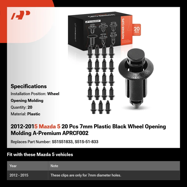 2012-2015 Mazda 5 20 Pcs 7mm Plastic Black Wheel Opening Molding A-Premium APRCF002