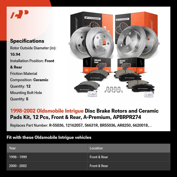 1998-2002 Oldsmobile Intrigue Disc Brake Rotors and Ceramic Pads Kit, 12 Pcs, Front & Rear, A-Premium, APBRPR274