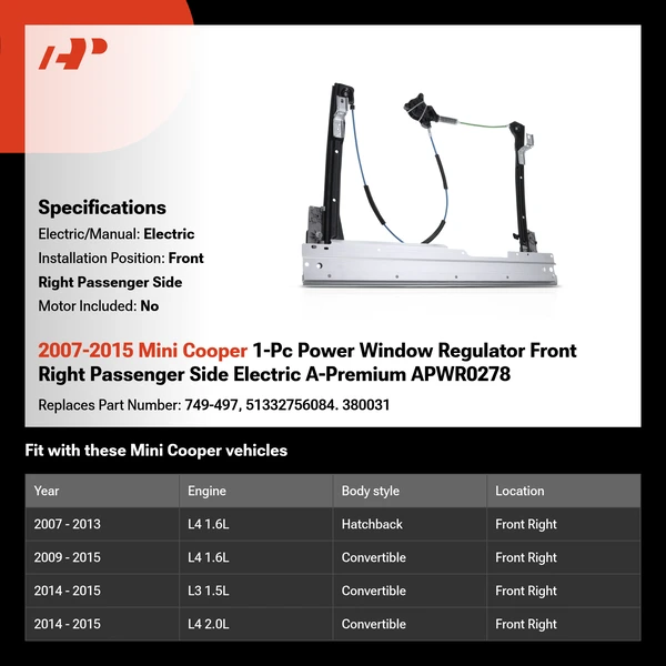 2007-2015 Mini Cooper 1-Pc Power Window Regulator Front Right Passenger Side Electric A-Premium APWR0278