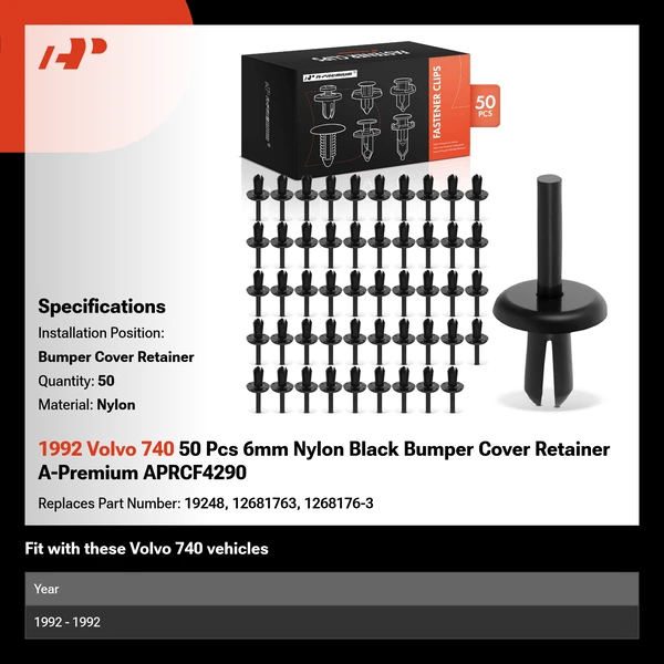 1992 Volvo 740 50 Pcs 6mm Nylon Black Bumper Cover Retainer A-Premium APRCF4290