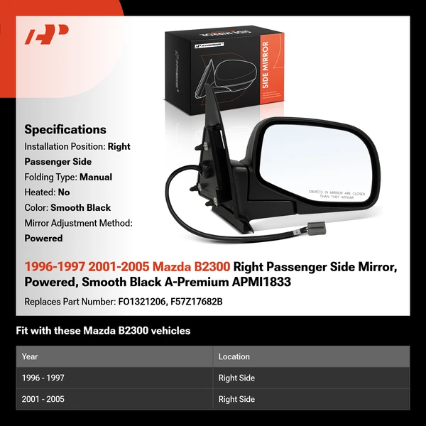1996-1997 2001-2005 Mazda B2300 Right Passenger Side Mirror, Powered, Smooth Black A-Premium APMI1833
