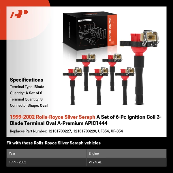 1999-2002 Rolls-Royce Silver Seraph A Set of 6-Pc Ignition Coil 3-Blade Terminal Oval A-Premium APIC1444