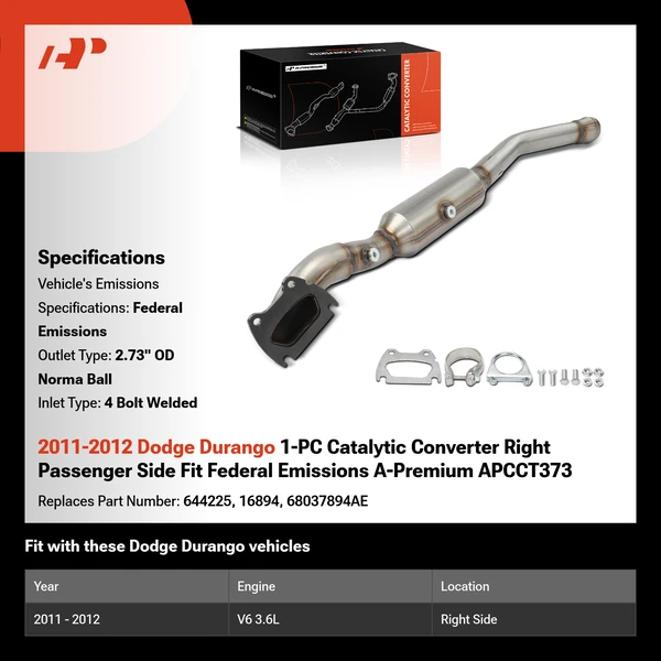 2011-2012 Dodge Durango 1-PC Catalytic Converter Right Passenger Side Fit Federal Emissions A-Premium APCCT373