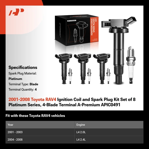 2001-2008 Toyota RAV4 Ignition Coil and Spark Plug Kit Set of 8 Platinum Series, 4-Blade Terminal A-Premium APIC0491