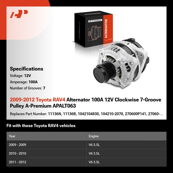 2009-2012 Toyota RAV4 Alternator 100A 12V Clockwise 7-Groove Pulley A-Premium APALT063