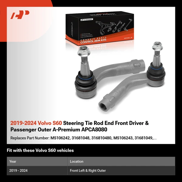 2019-2024 Volvo S60 Steering Tie Rod End Front Driver & Passenger Outer A-Premium APCA8080