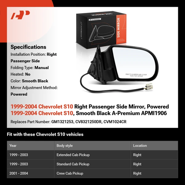 1999-2004 Chevrolet S10 Right Passenger Side Mirror, Powered 1999-2004 Chevrolet S10, Smooth Black A-Premium APMI1906