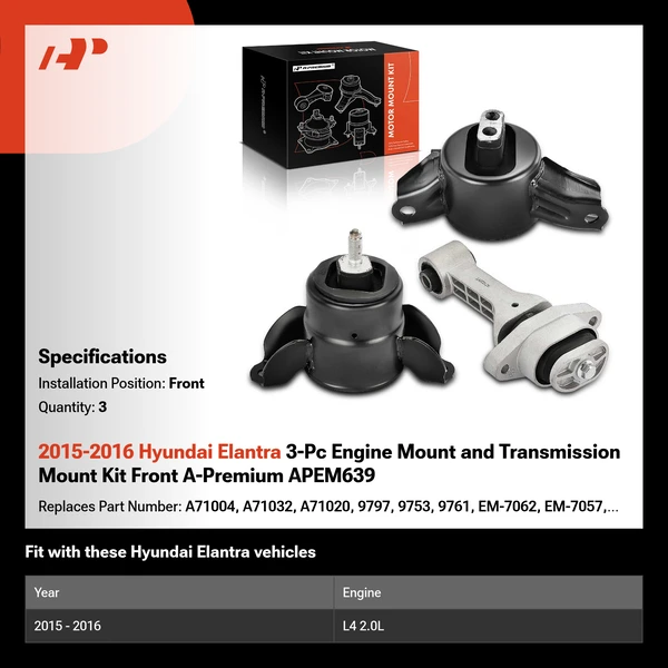 2015-2016 Hyundai Elantra 3-Pc Engine Mount and Transmission Mount Kit Front A-Premium APEM639
