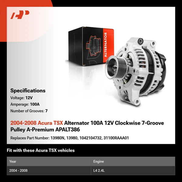 2004-2008 Acura TSX Alternator 100A 12V Clockwise 7-Groove Pulley A-Premium APALT386