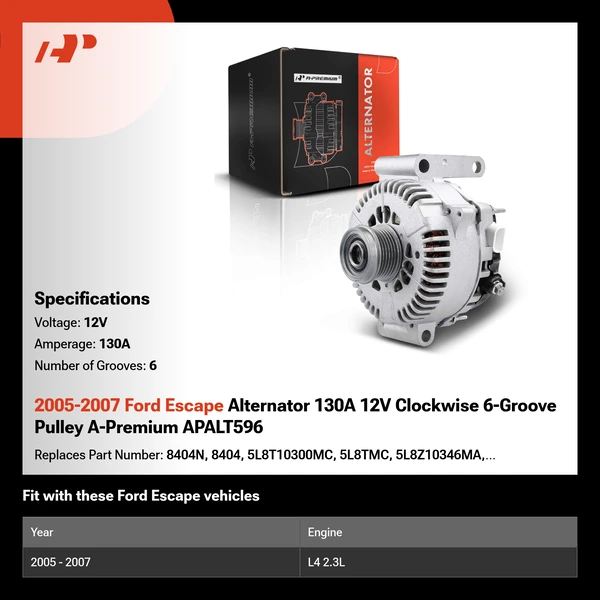 2005-2007 Ford Escape Alternator 130A 12V Clockwise 6-Groove Pulley A-Premium APALT596