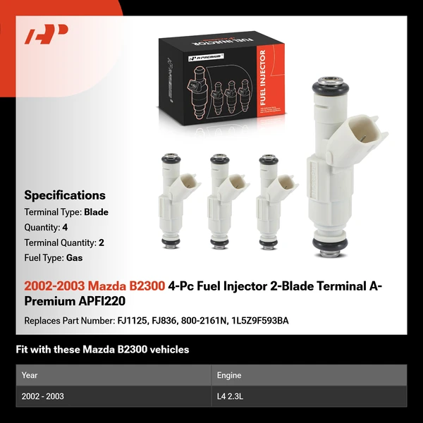 2002-2003 Mazda B2300 4-Pc Fuel Injector 2-Blade Terminal A-Premium APFI220