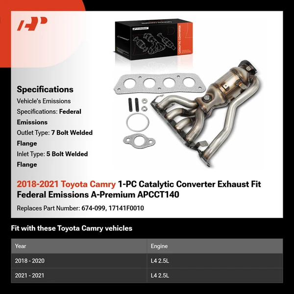 2018-2021 Toyota Camry 1-PC Catalytic Converter Exhaust Fit Federal Emissions A-Premium APCCT140
