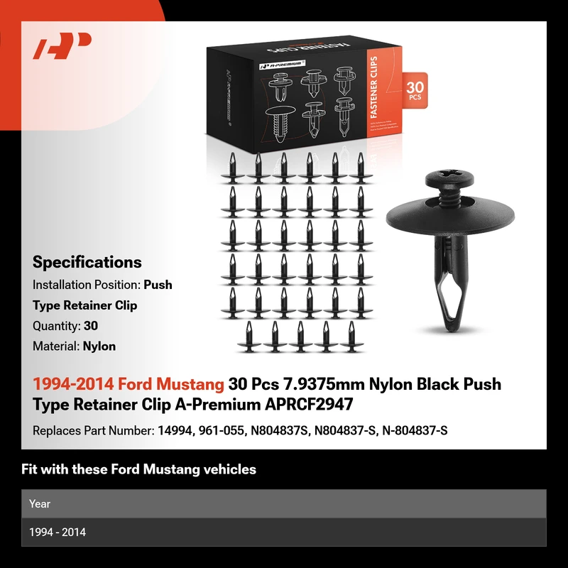 1994-2014 Ford Mustang 30 Pcs 7.9375mm Nylon Black Push Type Retainer Clip A-Premium APRCF2947