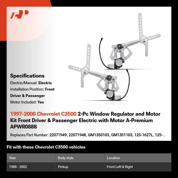 1997-2000 Chevrolet C3500 2-Pc Window Regulator and Motor Kit Front Driver & Passenger Electric with Motor A-Premium APWR0888