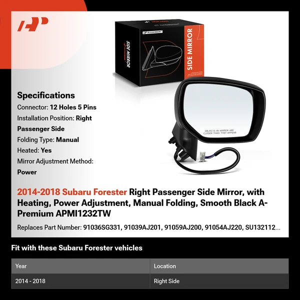 2014-2018 Subaru Forester Right Passenger Side Mirror, with Heating, Power Adjustment, Manual Folding, Smooth Black A-Premium APMI1232TW