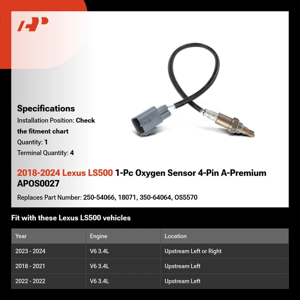 2018-2024 Lexus LS500 1-Pc Oxygen Sensor 4-Pin A-Premium APOS0027
