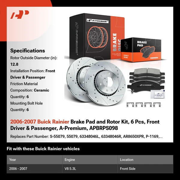 2006-2007 Buick Rainier Brake Pad and Rotor Kit, 6 Pcs, Front Driver & Passenger, A-Premium, APBRPS098
