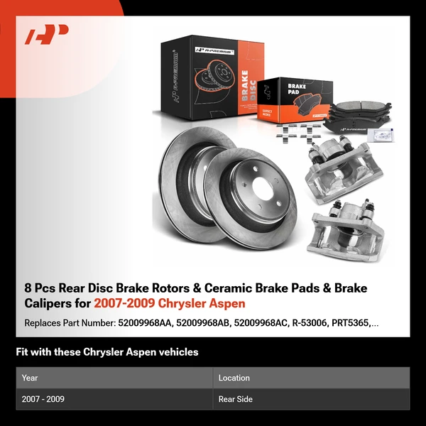 8 Pcs Rear Disc Brake Rotors & Ceramic Brake Pads & Brake Calipers for 2007-2009 Chrysler Aspen