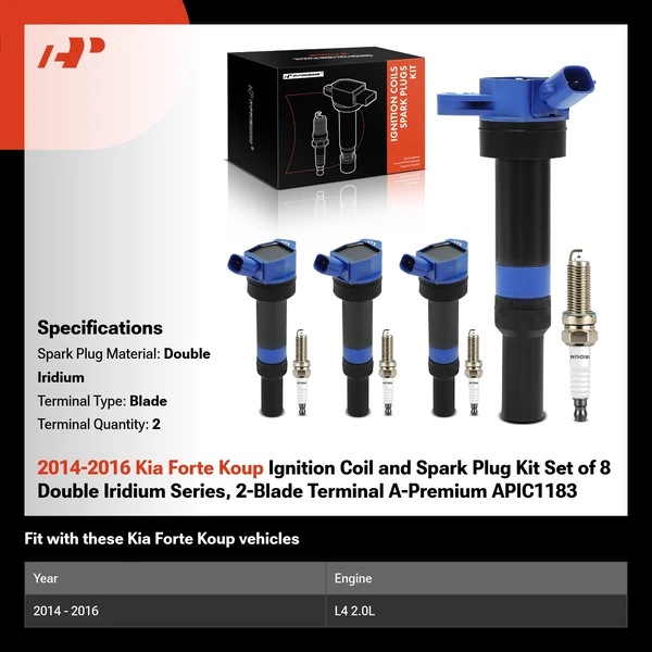 2014-2016 Kia Forte Koup Ignition Coil and Spark Plug Kit Set of 8 Double Iridium Series, 2-Blade Terminal A-Premium APIC1183