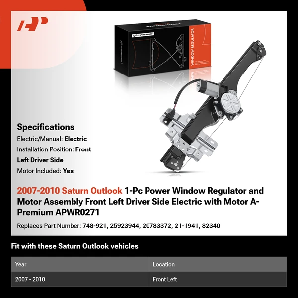 2007-2010 Saturn Outlook 1-Pc Power Window Regulator and Motor Assembly Front Left Driver Side Electric with Motor A-Premium APWR0271