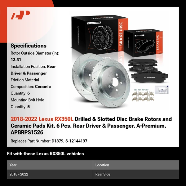 2018-2022 Lexus RX350L Drilled & Slotted Disc Brake Rotors and Ceramic Pads Kit, 6 Pcs, Rear Driver & Passenger, A-Premium, APBRPS1526