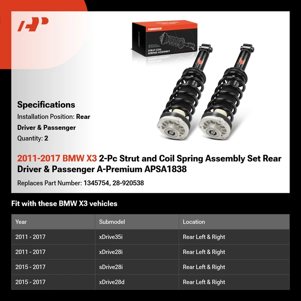 2011-2017 BMW X3 2-Pc Strut and Coil Spring Assembly Set Rear Driver & Passenger A-Premium APSA1838
