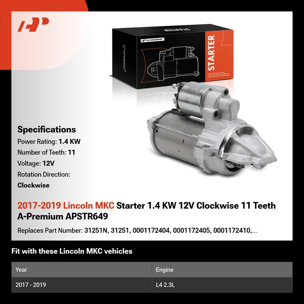 2017-2019 Lincoln MKC Starter 1.4 KW 12V Clockwise 11 Teeth A-Premium APSTR649