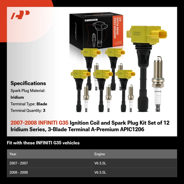 2007-2008 INFINITI G35 Ignition Coil and Spark Plug Kit Set of 12 Iridium Series, 3-Blade Terminal A-Premium APIC1206