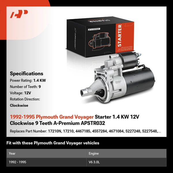 1992-1995 Plymouth Grand Voyager Starter 1.4 KW 12V Clockwise 9 Teeth A-Premium APSTR032