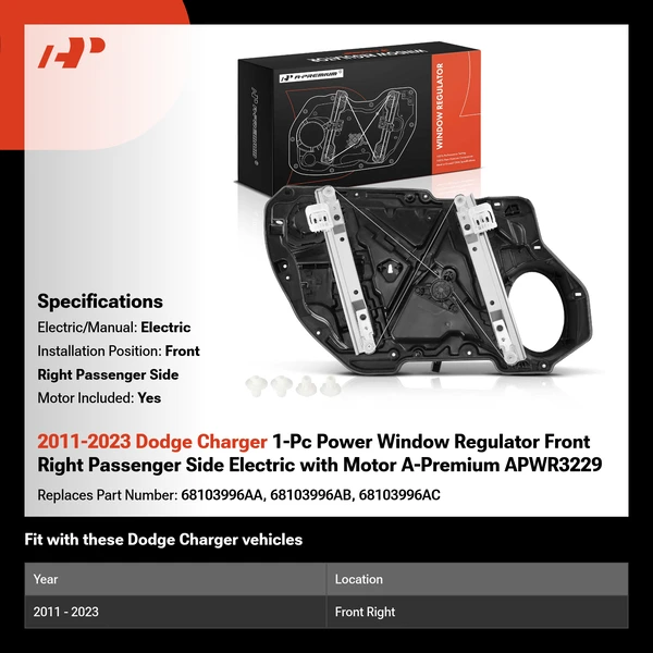 2011-2023 Dodge Charger 1-Pc Power Window Regulator Front Right Passenger Side Electric with Motor A-Premium APWR3229