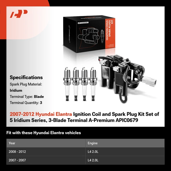 2007-2012 Hyundai Elantra Ignition Coil and Spark Plug Kit Set of 5 Iridium Series, 3-Blade Terminal A-Premium APIC0679