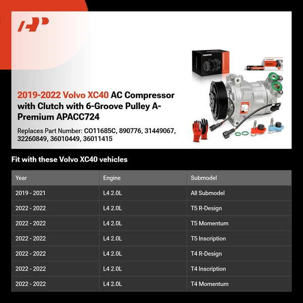 2019-2022 Volvo XC40 AC Compressor with Clutch with 6-Groove Pulley A-Premium APACC724