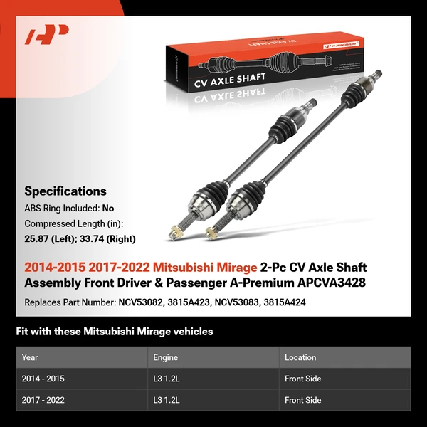 2014-2015 2017-2022 Mitsubishi Mirage 2-Pc CV Axle Shaft Assembly Front Driver & Passenger A-Premium APCVA3428