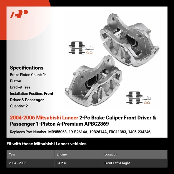 2004-2006 Mitsubishi Lancer 2-Pc Brake Caliper Front Driver & Passenger 1-Piston A-Premium APBC2869