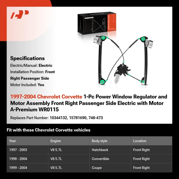 1997-2004 Chevrolet Corvette 1-Pc Power Window Regulator and Motor Assembly Front Right Passenger Side Electric with Motor A-Premium WR0115