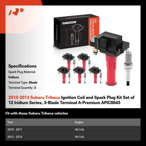 2010-2014 Subaru Tribeca Ignition Coil and Spark Plug Kit Set of 12 Iridium Series, 3-Blade Terminal A-Premium APIC0843